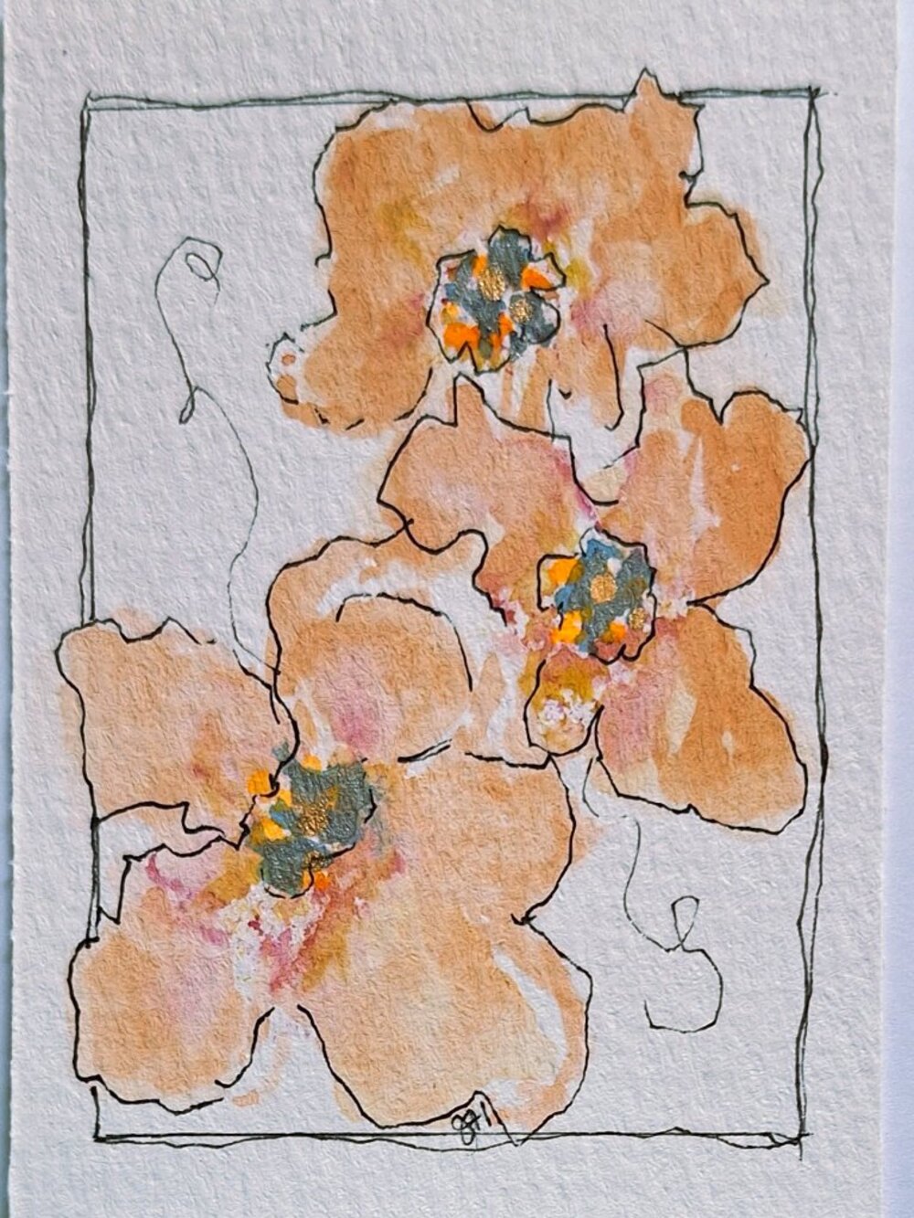 Original ACEO Watercolor Peach Floral with Metallic Accents OOAK Ships Free